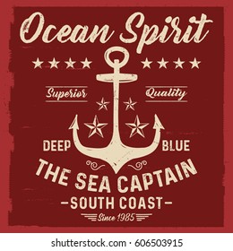 Ocean spirit, the sea captain, anchor typography, t-shirt graphics, vectors