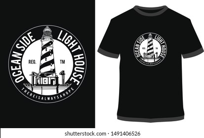 Ocean Spirit,  Ocean Side Light House - Vintage Vector graphic typographic design for poster, label, badge, logo, icon or t-shirt