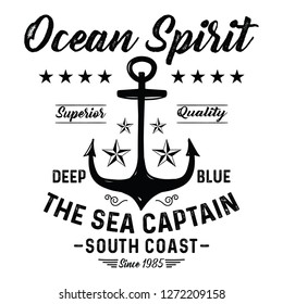 Ocean spirit, south coast, deep blue slogan typography, t-shirt graphics, vectors