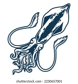 Ocean squid monochrome detailed emblem with long curving tentacles animal of marine deep sea fauna isolated vector illustration