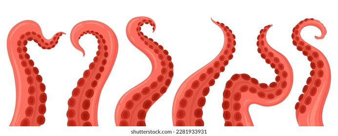 Tentáculos de calamares oceánicos. Palpus de pulpo de dibujos animados, miembros retorcidos con suckers de ilustración de fondo vectorial plana