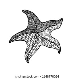 Ocean star coloring pages adults isolated on white background. Doodle decorative coloring book page Adult and kids zen tangle stile. Star shape vector antistress illustration art marine sea collection