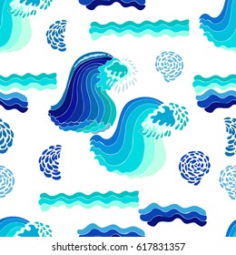 Ocean stories. Anstract print with waves and water splashes.