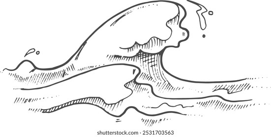 Dibujo de tormenta oceánica. Boceto de curva de onda de marea