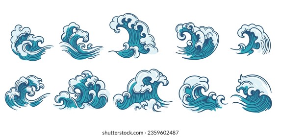 Ocean storm round wave set. Retro cartoon crashing splash tide blue waves, japan sea vintage wash curls drawings isolated on background vector illustration