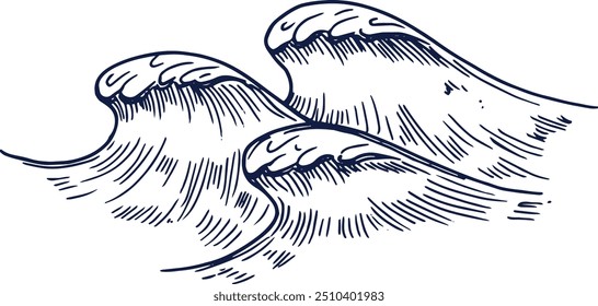 Superficie de tormenta oceánica. Dibujo de ondas de tinta azul