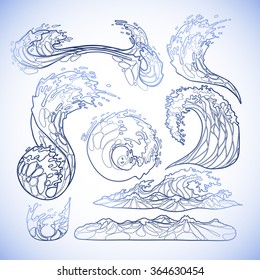 Ocean storm waves collection drawn in line art style. Tsunami. Vector marine elements in blue colors isolated on white background