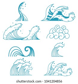 Ocean storm waves vector set of line flat icons isolated on white background.