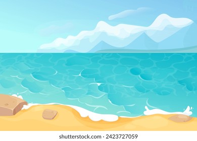 Ocean summer beach sea seashore, coastline with sand and stones, with mountains on horizon in cartoon style. Seaside landscape, tropical beach landscape