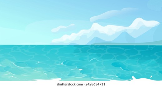 Ocean summer beach sea seashore, coastline with mountains on horizon. Seaside landscape, tropical beach landscape