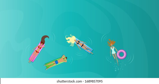 Ocean Summer Scene. View From Above. Four Young People In Bikini And Swimwear Relaxing In Water With Pool Rafts And Rubber Ring. Three Charming Women And A Handsome  Man. Vector Banner Illustration.