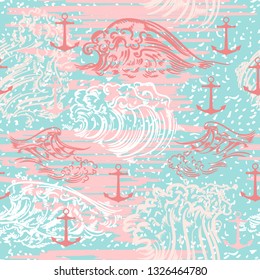 Ocean summer vector pattern with waves and anchors