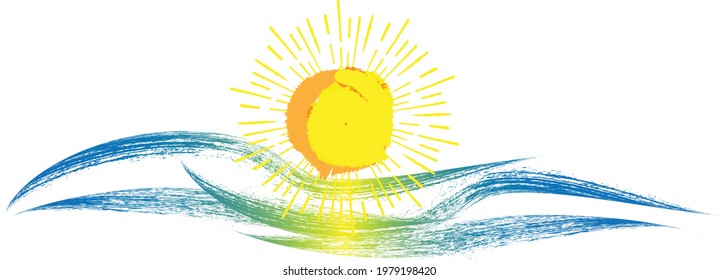 Olas de abstracto azules, solares y oceánicas. Elemento de logotipo del atardecer. Icono de Surfing . Broca de pincel. Ilustración vectorial. 
