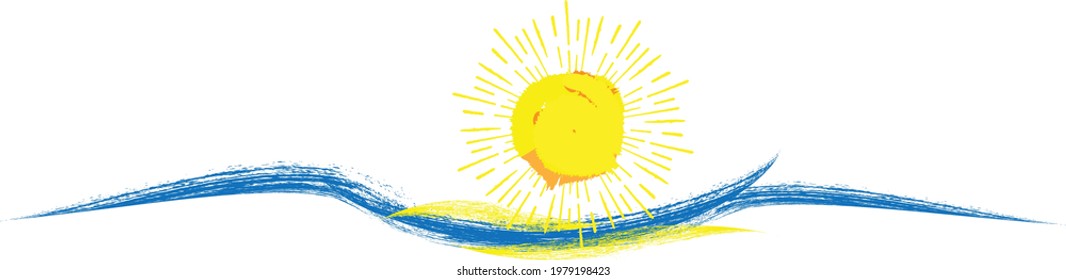 Ocean, sun and Blue Abstract Waves . Sunset Logo Element. Surfing Icon . Brush Stroke . Vector Illustration. 