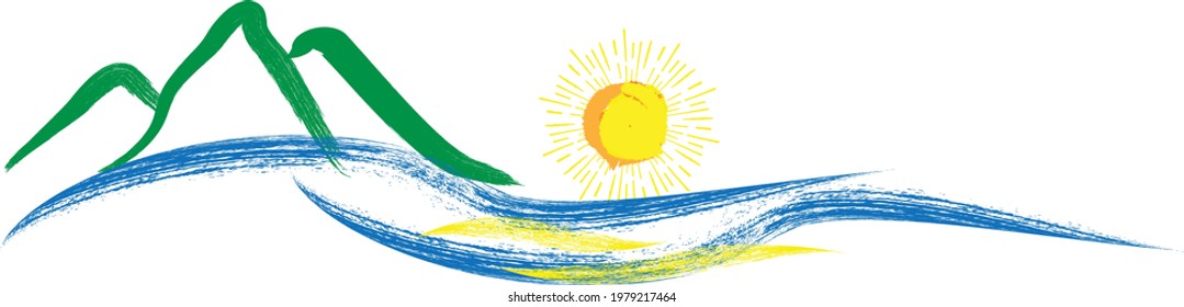 Ocean, sun and Blue Abstract Waves . Sunset Logo Element. Surfing Icon . Brush Stroke . Vector Illustration. 