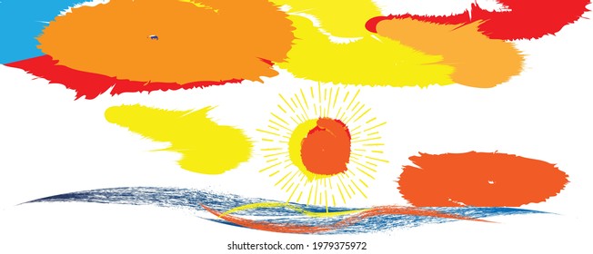 Ocean, sun and Blue Abstract Waves . Sunset Logo Element. Surfing Icon . Brush Stroke . Vector Illustration. 
