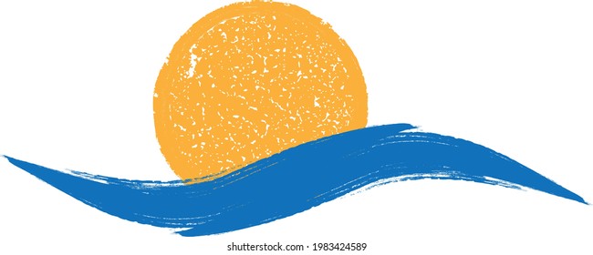 Ocean, sun and Blue Abstract Waves . Sunset Logo Element. Surfing Icon . Brush Stroke . Vector Illustration. 