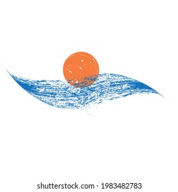 Ocean, sun and Blue Abstract Waves . Sunset Logo Element. Surfing Icon . Brush Stroke . Vector Illustration. 