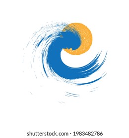 Ocean, sun and Blue Abstract Waves . Sunset Logo Element. Surfing Icon . Brush Stroke . Vector Illustration. 