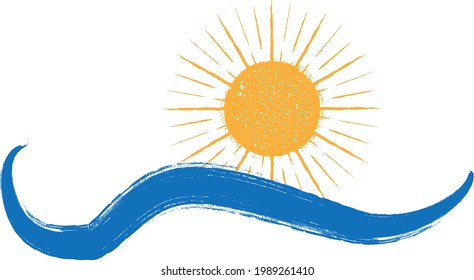 Ocean, sun and blue abstract waves . Sunset logo element. Surfing icon . Brush stroke . Vector illustration. 