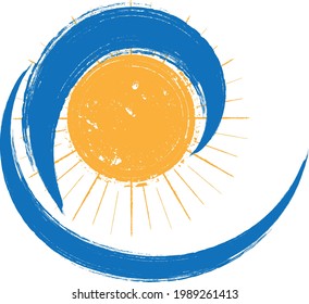 Ocean, sun and blue abstract waves . Sunset logo element. Surfing icon . Brush stroke . Vector illustration. 