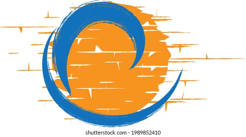 Ocean, sun and blue abstract waves . Sunset logo element. Surfing icon . Brush stroke . Vector illustration. 