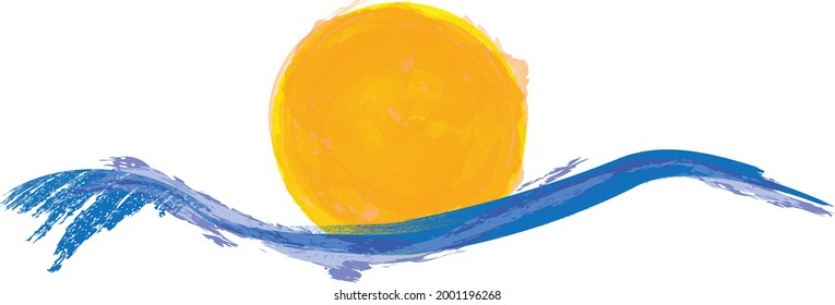 Ocean, sun and Blue Abstract Waves . Sunset Logo Element. Surfing Icon . Brush Stroke . Vector Illustration. 
