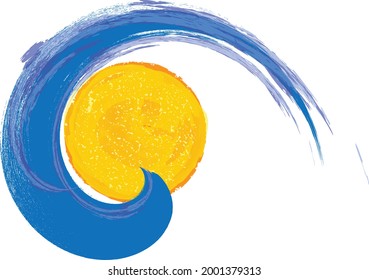 Ocean, sun and Blue Abstract Waves . Sunset Logo Element. Surfing Icon . Brush Stroke . Vector Illustration. 