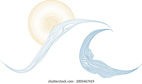 Olas de abstracto azules, solares y oceánicas. Elemento de logotipo del atardecer. Icono de Surfing . Líneas trazadas a mano . Ilustración vectorial. 