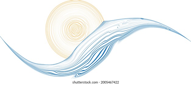Ocean, sun and Blue Abstract Waves . Sunset Logo Element. Surfing Icon . Hand drawn lines . Vector Illustration. 