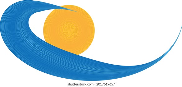 Ocean, sun and Blue Abstract Waves . Sunset Logo Element. Surfing Icon . Hand drawn lines . Vector Illustration. 