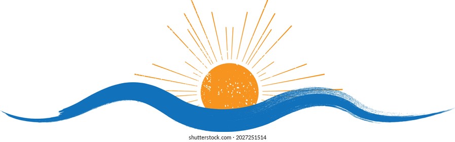 Ocean, sun and Blue Abstract Waves . Sunset Logo Element. Surfing Icon . Brush Stroke . Vector Illustration. 