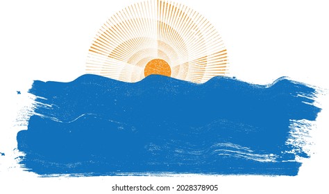 Ocean, sun and Blue Abstract Waves . Sunset Logo Element. Surfing Icon . Brush Stroke . Vector Illustration. 