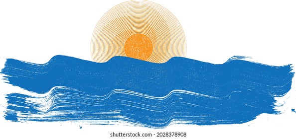 Ocean, sun and Blue Abstract Waves . Sunset Logo Element. Surfing Icon . Brush Stroke . Vector Illustration. 