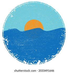 Ocean, sun and Blue Abstract Waves . Sunset Logo Element. Surfing Icon . Brush Stroke . Vector Illustration. 