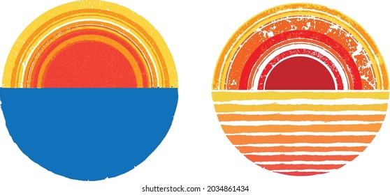 Ozean, Sonne und blaue abstrakte Wellen . Sunset Logo Element. Surfsymbol . Brush Stroke . Vektorgrafik. 