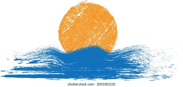 Olas de abstracto azules, solares y oceánicas. Elemento de logotipo del atardecer. Icono de Surfing . Onda de estropajo de cepillo. Ilustración vectorial. 