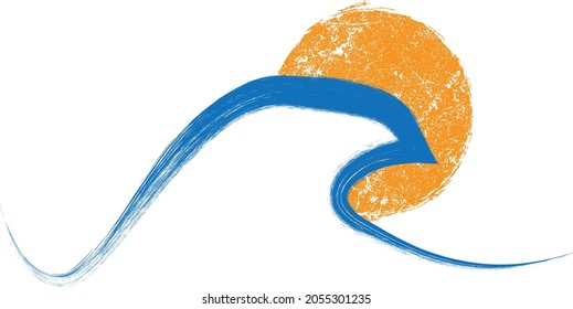 Olas de abstracto azules, solares y oceánicas. Elemento de logotipo del atardecer. Icono de Surfing . Onda de estropajo de cepillo. Ilustración vectorial. 