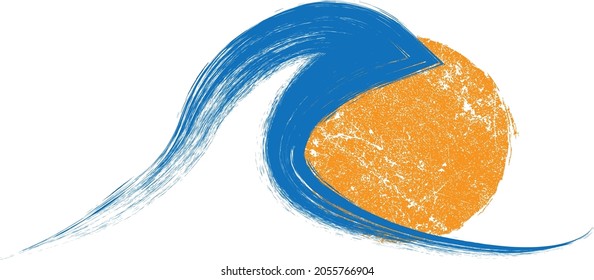 Ocean, sun and Blue Abstract Waves . Sunset Logo Element. Surfing Icon . Brush Stroke wave . Vector Illustration. 