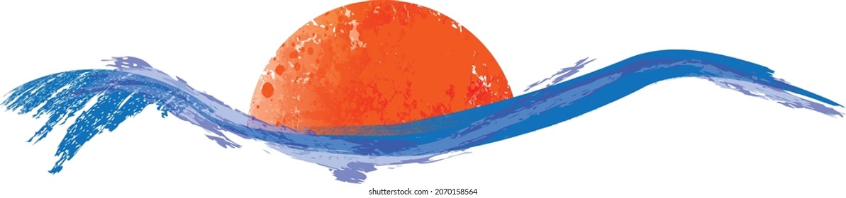 Ozean, Sonne und blaue abstrakte Wellen . Sunset Logo Element. Surfsymbol . Brush Stroke . Vektorgrafik. 
