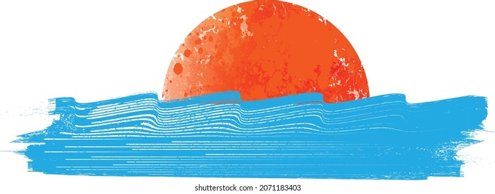 Ocean, sun and Blue Abstract Waves . Sunset Logo Element. Surfing Icon . Brush Stroke . Vector Illustration. 