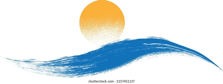 Ocean, sun and Blue Abstract Waves . Sunset Logo Element. Surfing Icon . Brush Stroke wave . Vector Illustration. 