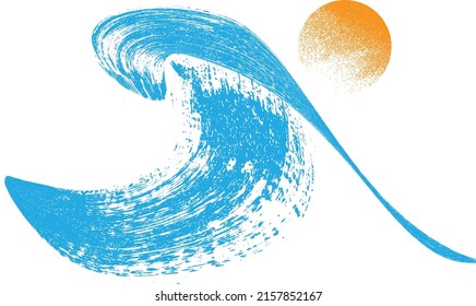 Ocean, sun and Blue Abstract Waves . Sunset Logo Element. Surfing Icon . Brush Stroke wave . Vector Illustration. 