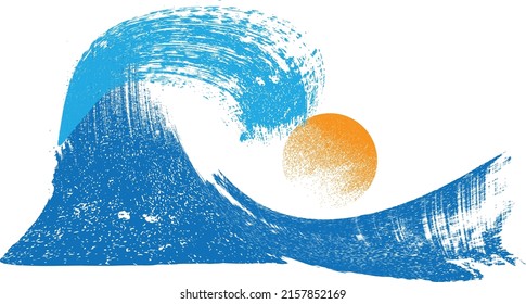 Ocean, sun and Blue Abstract Waves . Sunset Logo Element. Surfing Icon . Brush Stroke wave . Vector Illustration. 