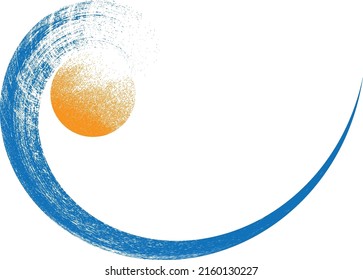 Ocean, sun and Blue Abstract Waves . Sunset Logo Element. Surfing Icon . Brush Stroke wave . Vector Illustration. 