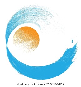 Ocean, sun and Blue Abstract Waves . Sunset Logo Element. Surfing Icon . Brush Stroke wave . Vector Illustration. 