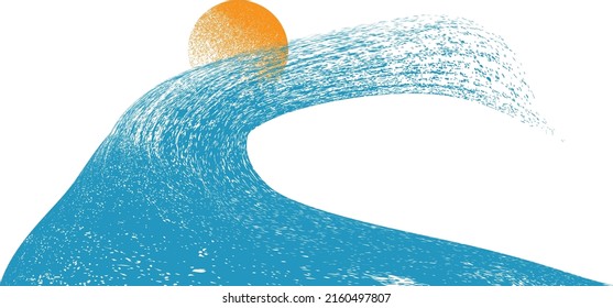 Ocean, sun and Blue Abstract Waves . Sunset Logo Element. Surfing Icon . Brush Stroke wave . Vector Illustration. 