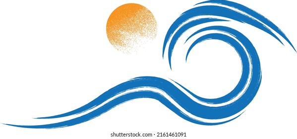 Ocean, sun and Blue Abstract Waves . Sunset Logo Element. Surfing Icon . Brush Stroke wave . Vector Illustration. 