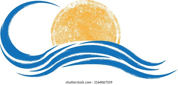 Ocean, sun and Blue Abstract Waves . Sunset Logo Element. Surfing Icon . Brush Stroke wave . Vector Illustration. 