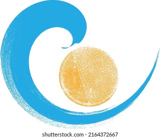Ocean, sun and Blue Abstract Waves . Sunset Logo Element. Surfing Icon . Brush Stroke wave . Vector Illustration. 
